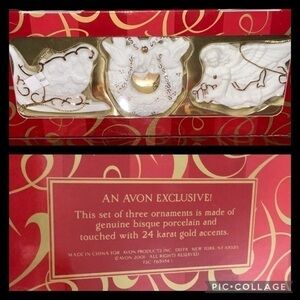 Avon 2001 Porcelain Christmas Tree Ornaments 24K Gold Accents New In Box